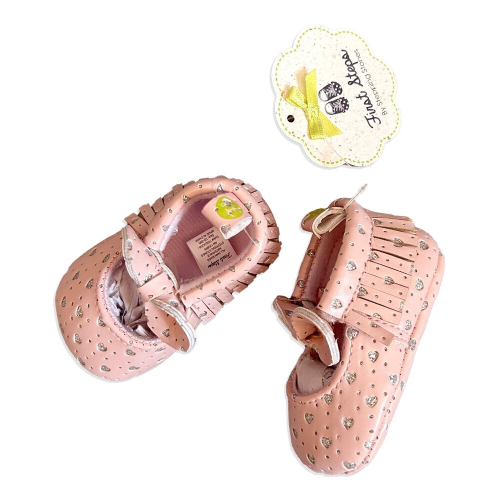 Pink Leather Booties with Silver Heart Details, 0-3m